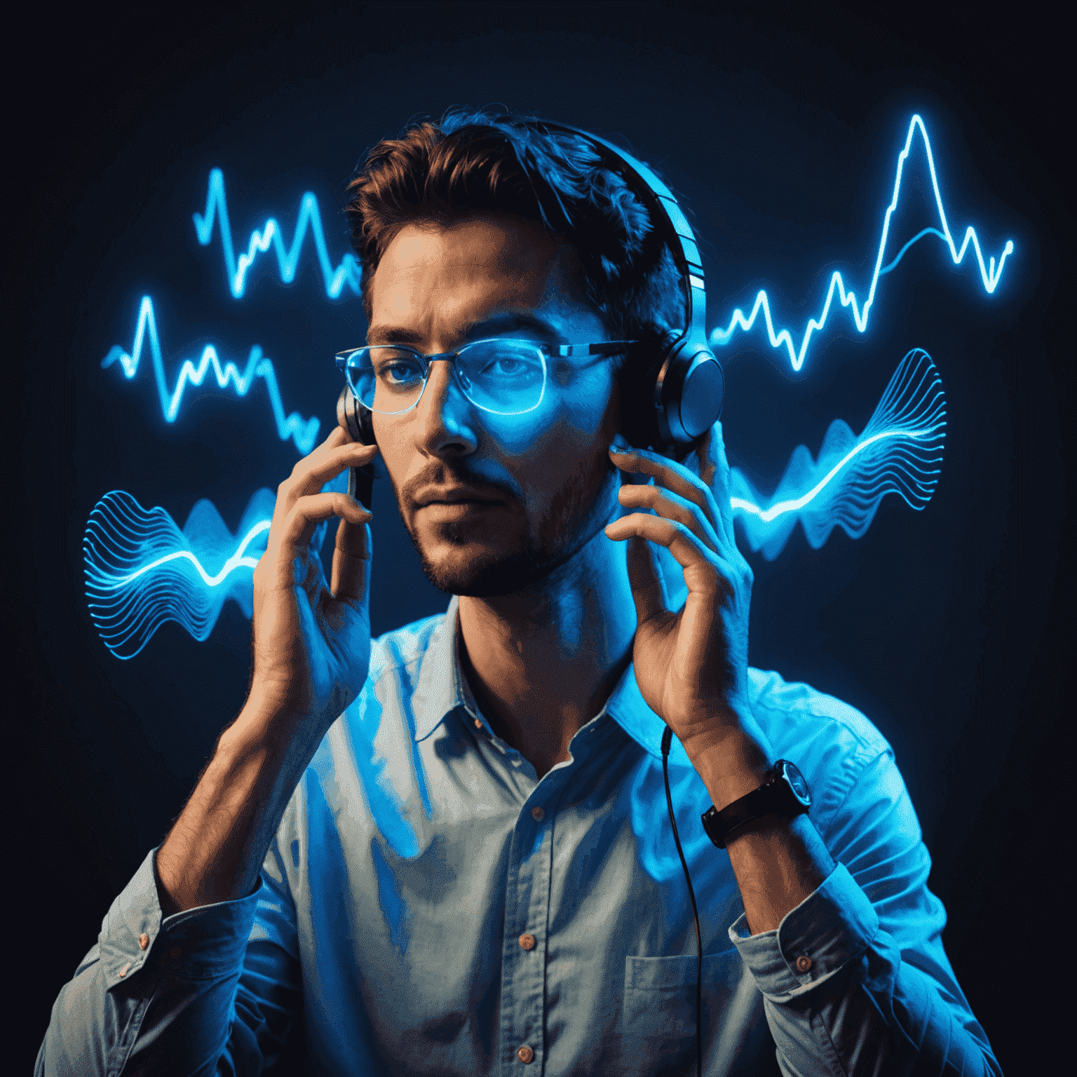 شخص يستخدم هاتف ذكي لإجراء مكالمة صوتية عبر تقنية VoIP، مع رسوم توضيحية لموجات صوتية نيون زرقاء تنبعث من الهاتف