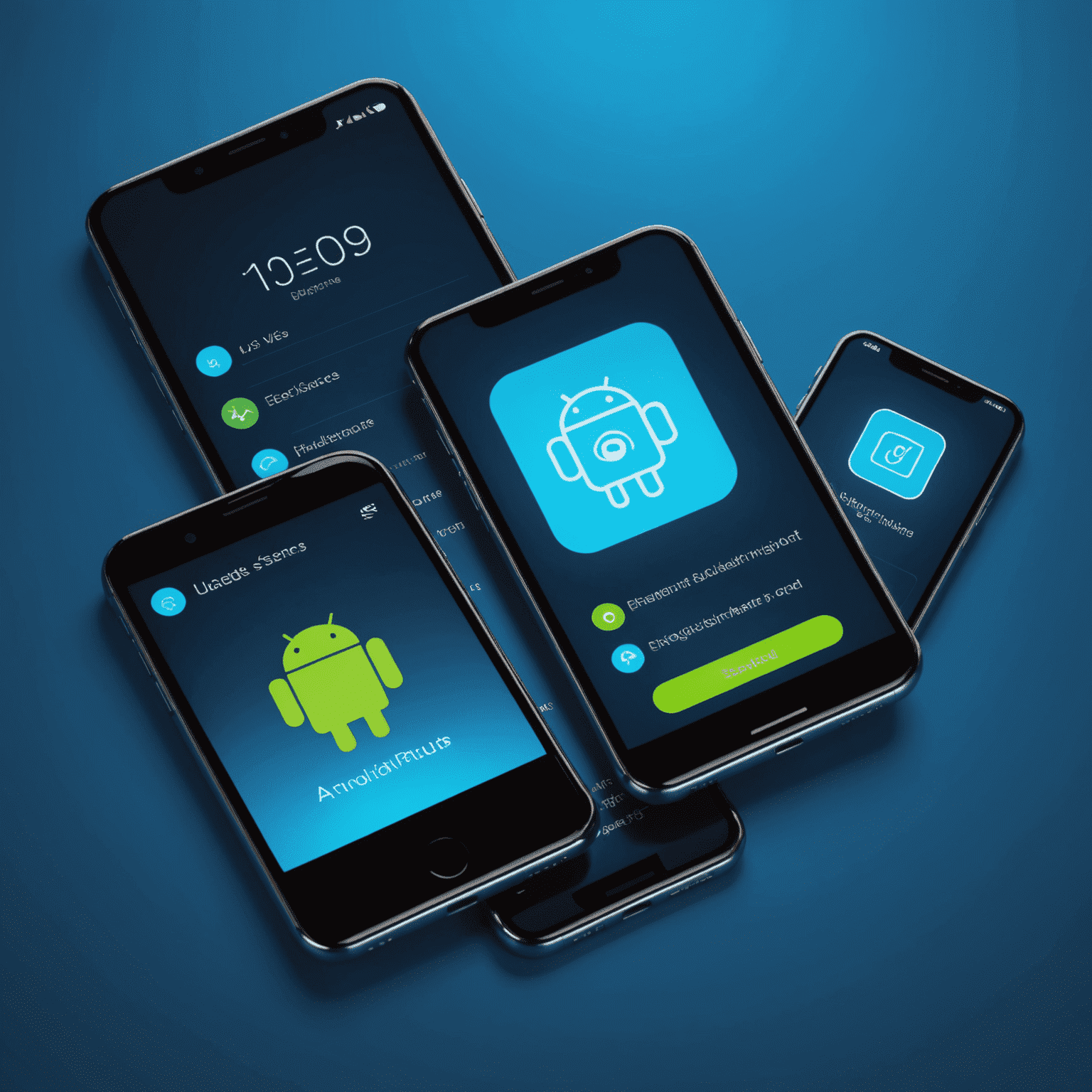 صورة لشاشات الهواتف تعرض تحديثات نظام التشغيل مع رموز أندرويد و iOS وخلفية نيون زرقاء