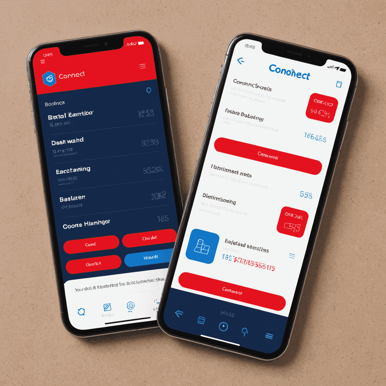 واجهة تطبيق BHD كونيكت موبايل تعرض شاشة الخدمات المصرفية مع تصميم أزرق وأحمر نيون
