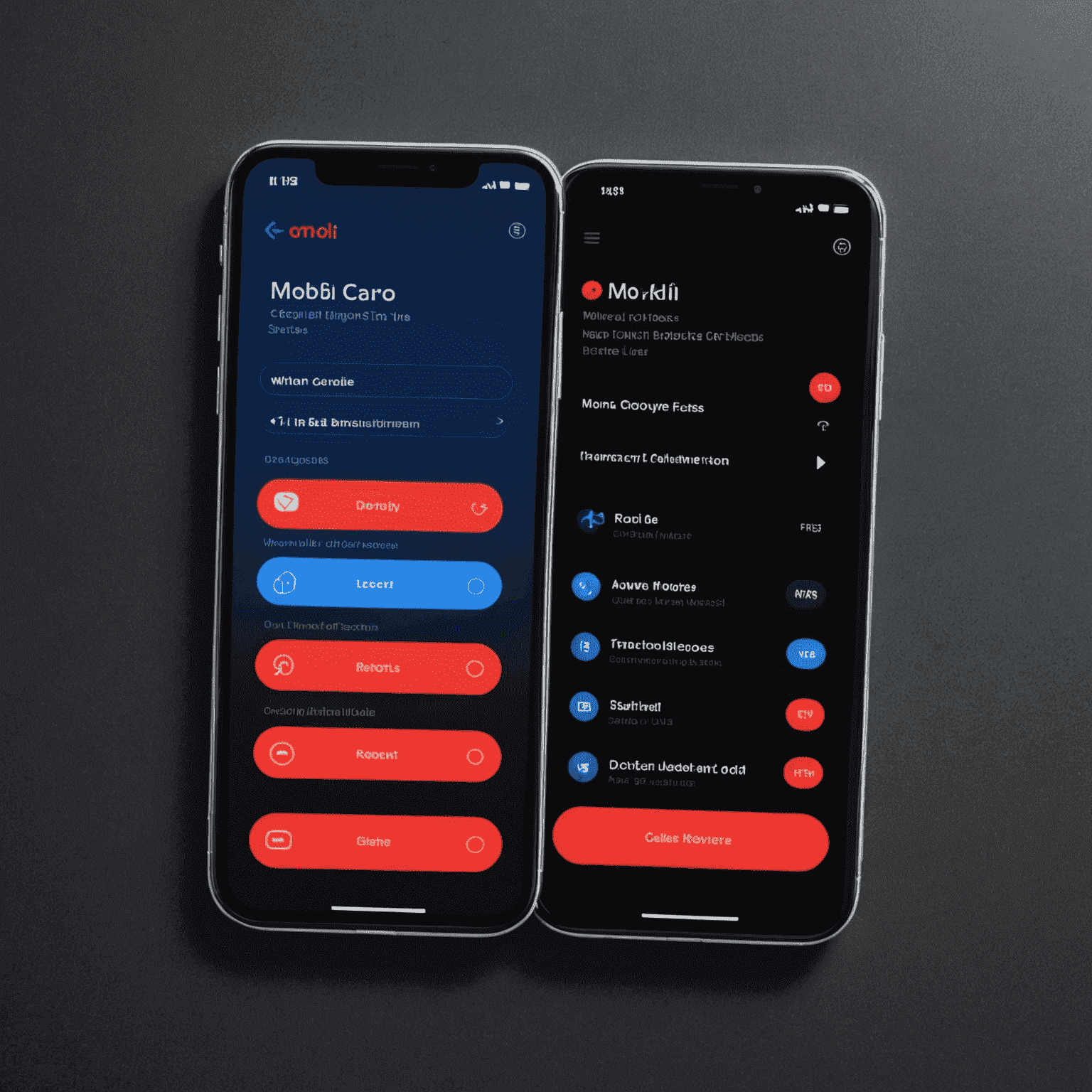 واجهة تطبيق موبي كارو للاتصالات تظهر شاشة المكالمات والرسائل مع تأثيرات نيون حمراء وزرقاء